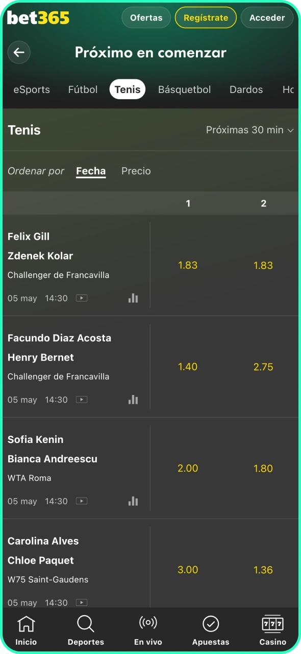 Selecciona el partido de tenis al que quieres apostar en Bet365.