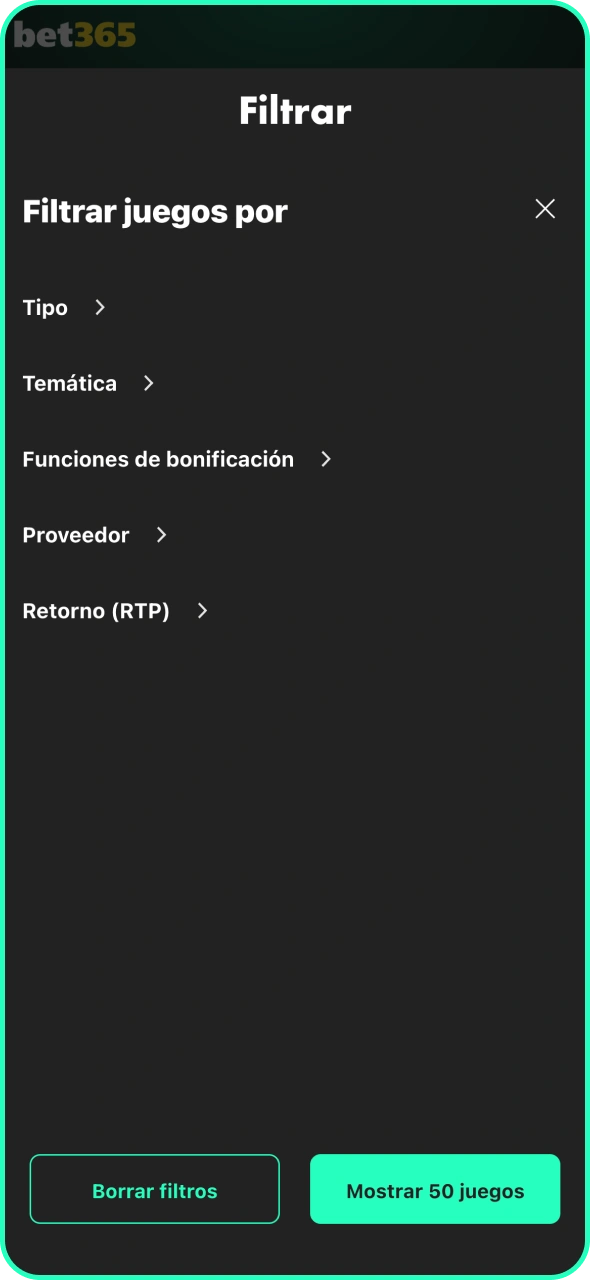 Utiliza los filtros de búsqueda para encontrar juegos para jugar en Bet365.