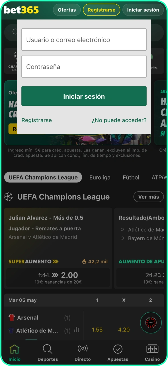 Introduce tu nombre de usuario y contraseña para acceder a Bet365.