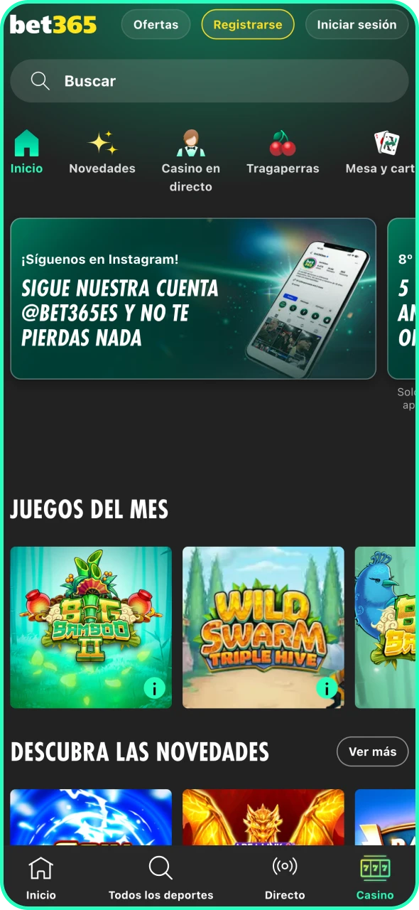 Abre la sección de juegos de casino de Bet365.
