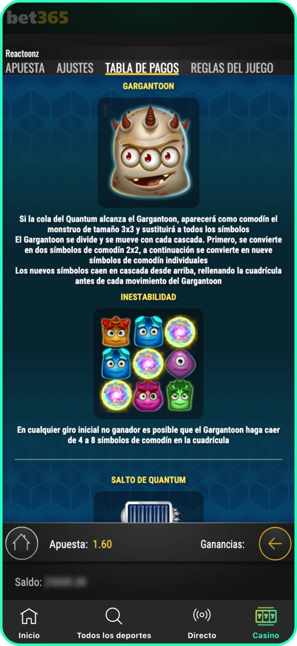 Revisa la tabla de pagos del juego de Bet365 para entender los símbolos.
